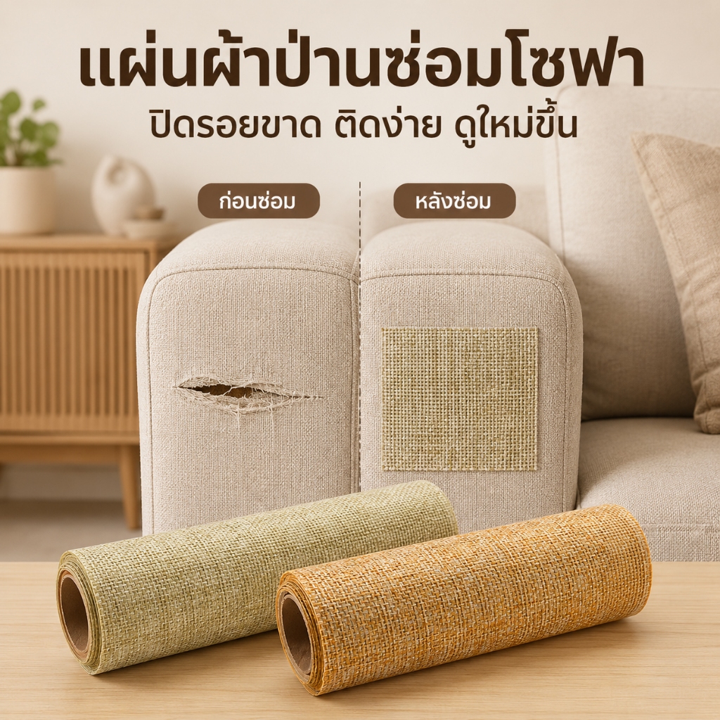 แผ่นผ้าป่านซ่อมโซฟา มีกาวในตัว ผ้าทอหยาบ ปิดรอยขาด รอยแมวข่วน ตัดได้ สำหรับโซฟาผ้า 30x75/60x150 ซม