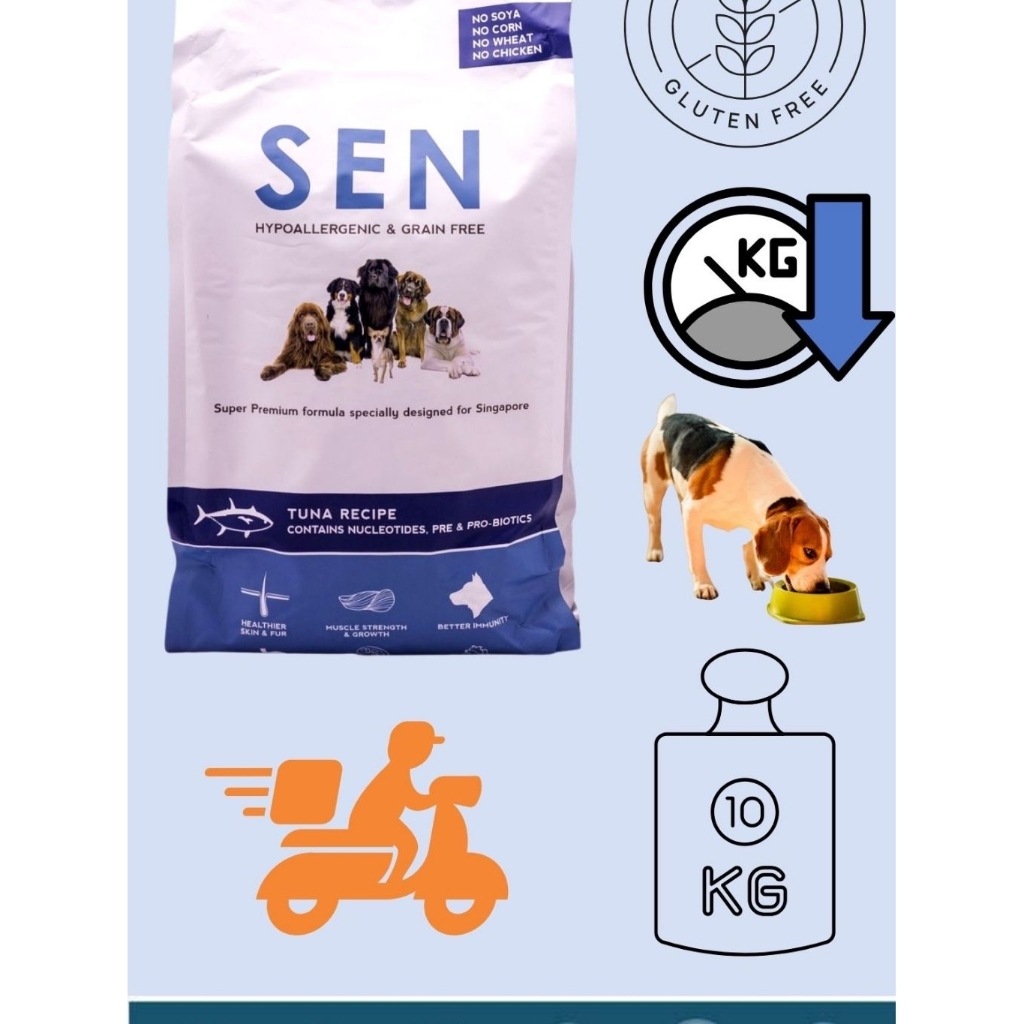 อาหารสุนัข Sen 10 kg Grain Free รสทูน่า เม็ดเล็ก 3 มม. สูตรควบคุมน้ำหนักและแพ้ง่าย