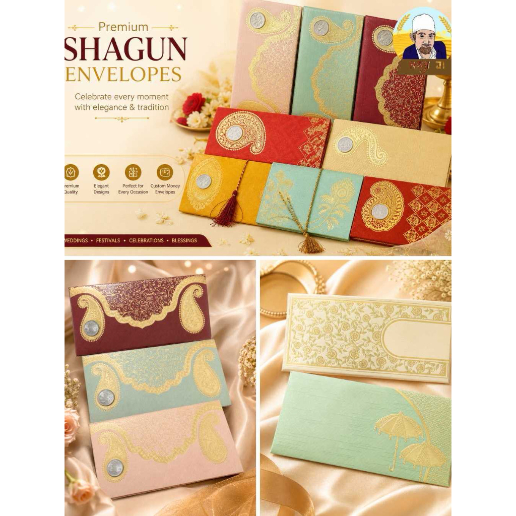 ซองใส่เงิน Shagun พรีเมียม | ซองงานแต่งอินเดีย | ซองอั่งเปาลายปั๊มนูนหรู | สีแดง เขียว ทอง