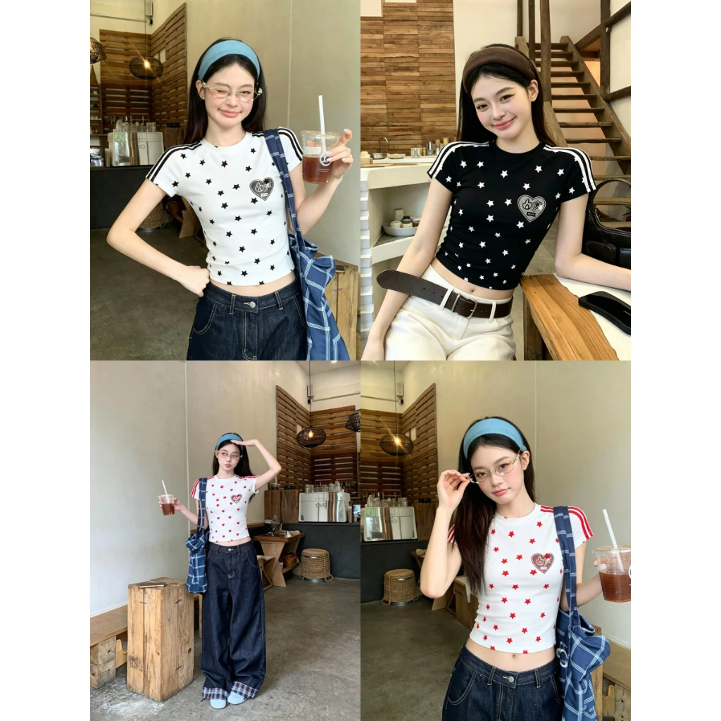 เสื้อยืดผู้หญิง เสื้อยืดลายดาวหัวใจ รัดรูป ลายทางสีตัดกัน สไตล์เกาหลี ดูผอม แมตช์ง่าย #222457