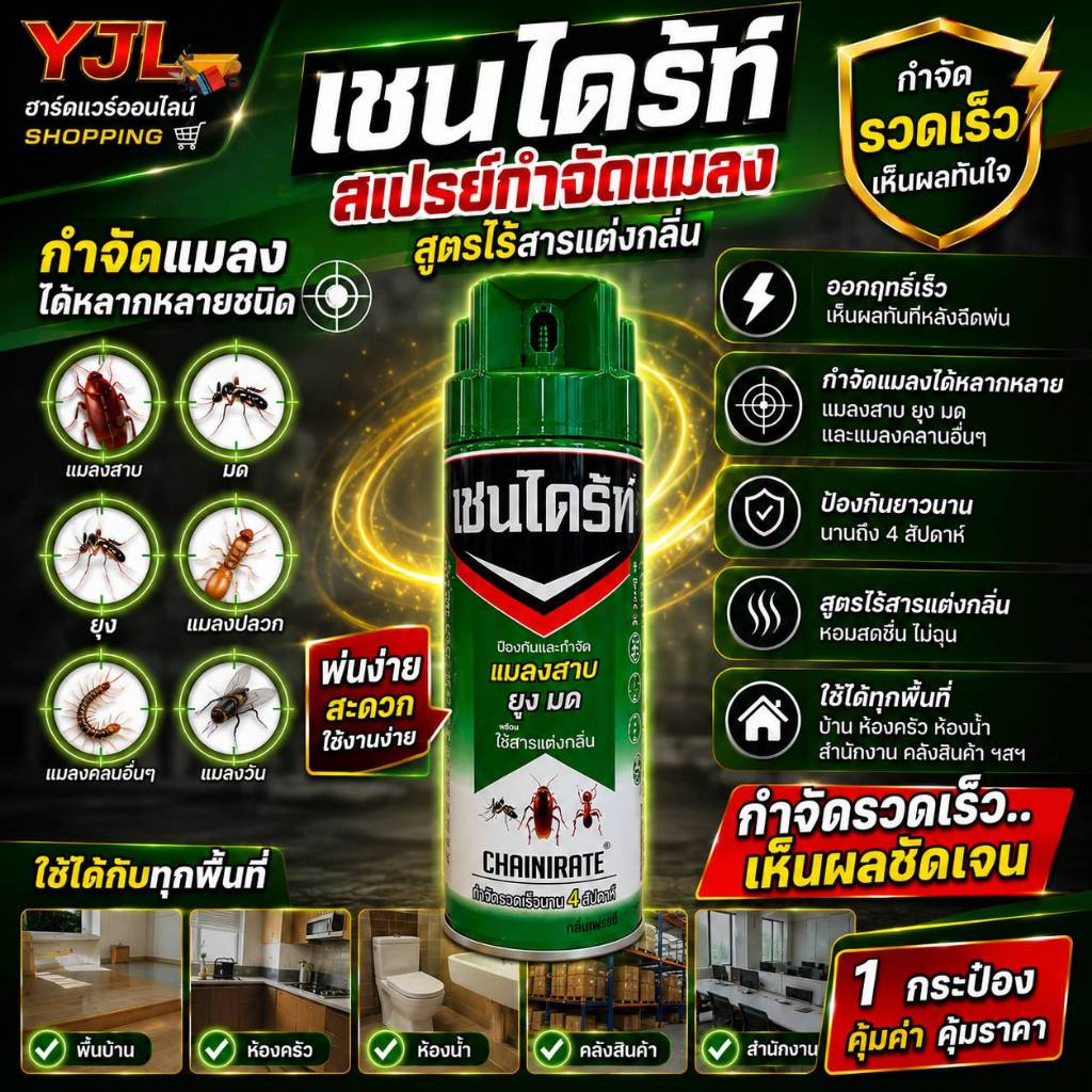 YJL HARDWARE CHAINDRATE เชนไดร้ท์ สเปรย์ป้องกันและกำจัดแมลง สูตรไม่ฉุน ขนาด 300 มล.