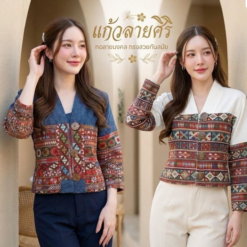 เสื้อพื้นเมืองผู้หญิงคอวีแต่งผ้าทอ รุ่น " แก้วลายศิริ "