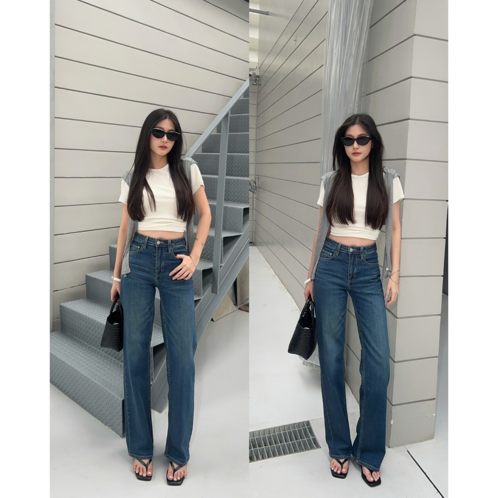ยีนส์ NUMGEN F39 กางเกงยีนส์ขากระบอกเอวกลาง รุ่น Thara Indigo - ผ้ายืด