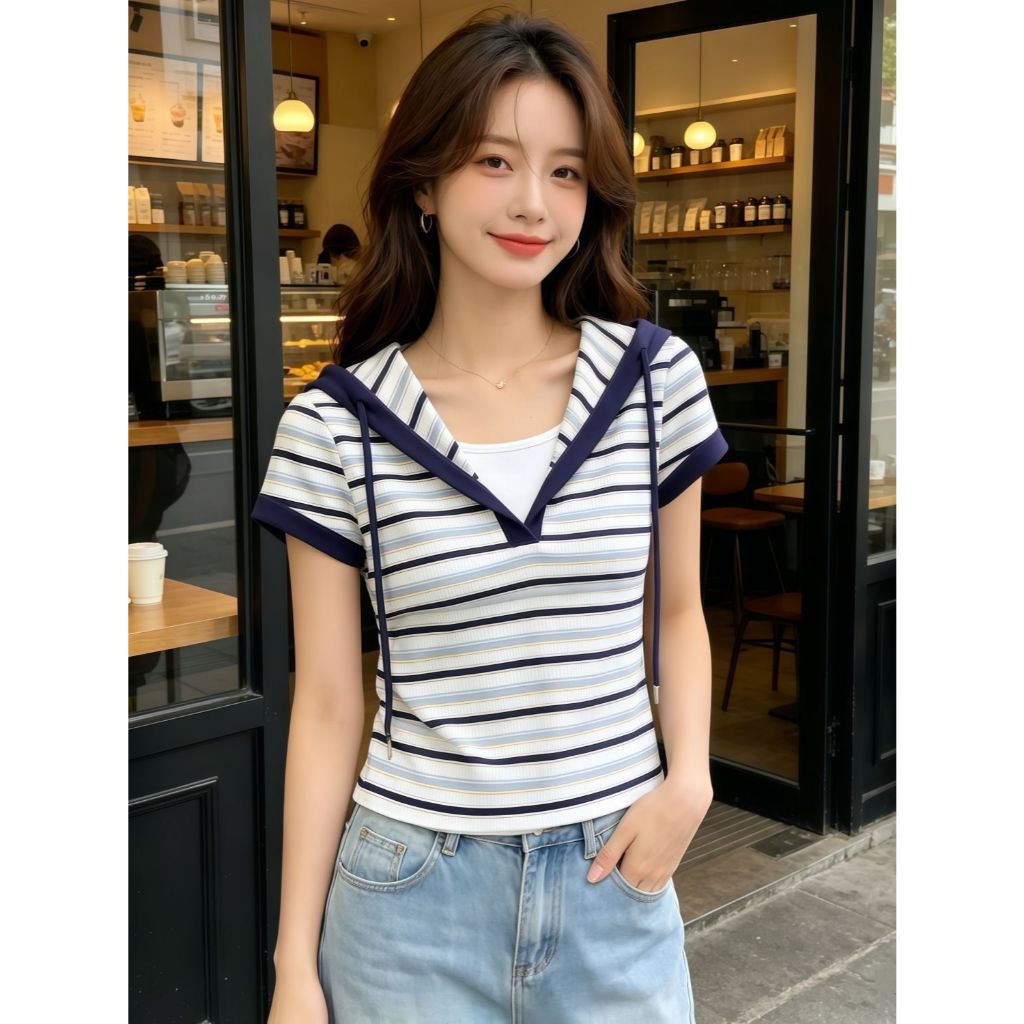 เสื้อยืดแขนสั้นมีฮู้ดสำหรับผู้หญิง ดีไซน์คัลเลอร์บล็อก –