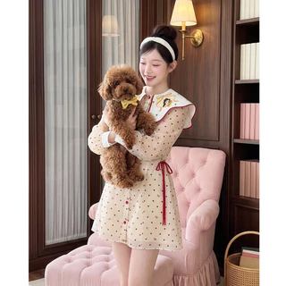 (มี3XL) Maria Diamond สีเหลืองพาสเทล Princess Kiss Dress เดรสสั้นผ้าออแกนดี้เนื้อนิ่มลายจุด กระดุมหน้า ปกงานปักหน้าหลัง