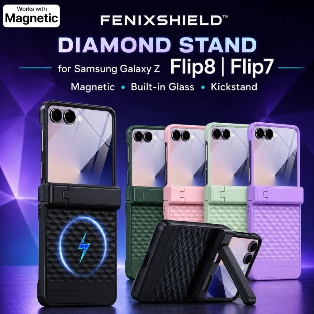 เคส พร้อมฟิล์มกระจก FenixShield Diamond Stand สำหรับ Samsung Galaxy Z Flip8 / Flip7