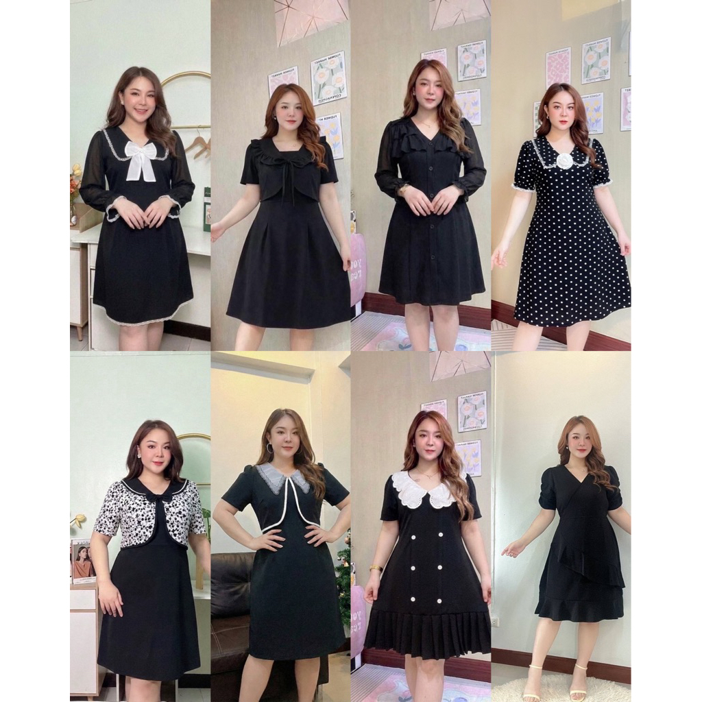 เดรสสีดำ สาวอวบ ผ้ายืดวูลเวฟ งานสุภาพได้ รอบอก 40-48 นิ้ว