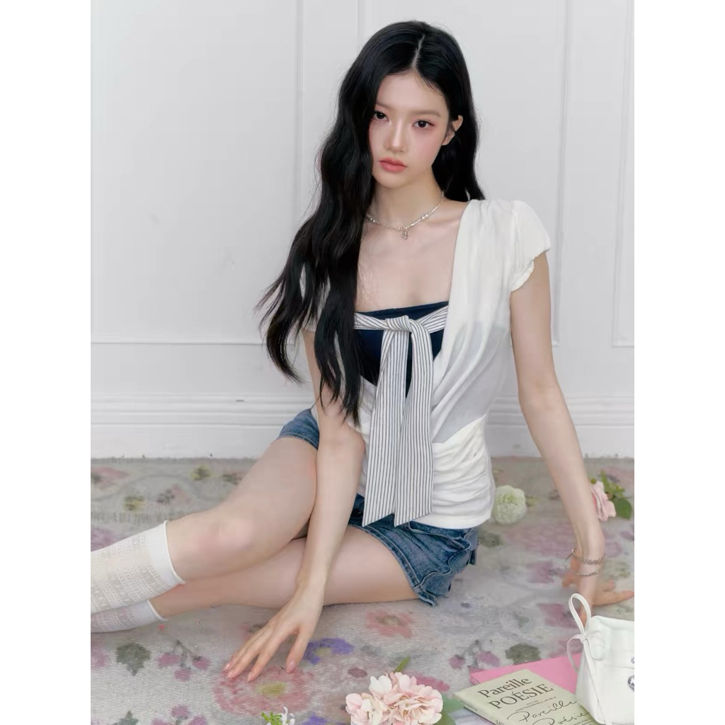 Fragile heart color-blocked strapless T-shirt/cover-up two-piece set
