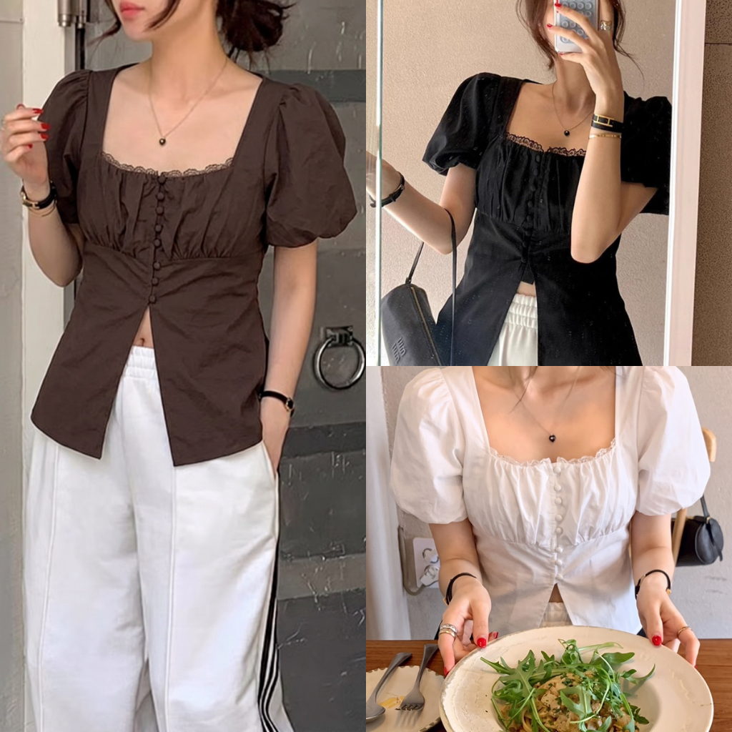 B&R พร้อมส่ง เสื้อเชิ้ตแขนฟองฤดูร้อนสไตล์เกาหลี เสื้อท็อปผู้หญิงสไตล์ฝรั่งเศส คอเหลี่ยมต่อขอบลูกไม้