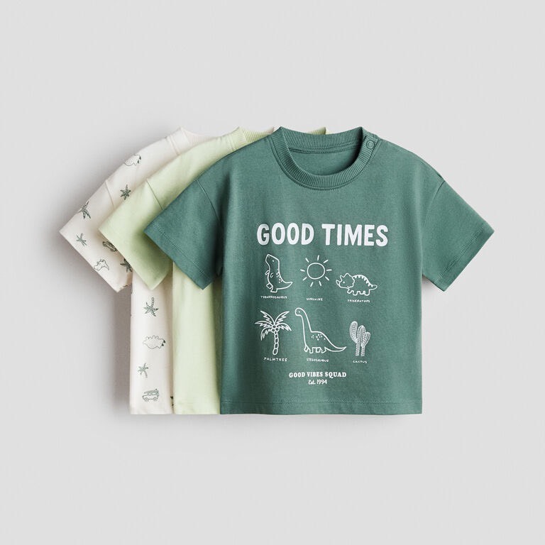 H&M เสื้อยืดคอตตอน 3 ชิ้น เขียว/Good Times มีกระดุมคอ ไซด์ 4-6 เดือน /6-9 เดือน