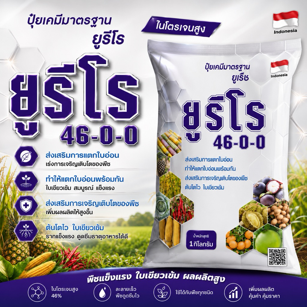 ปุ๋ยเกล็ด ยูเรีย 46-0-0 ตรายูรีโร เม็ดละลายน้ำ ขนาด 1 กิโลกรัม ส่งเสริมการแตกใบอ่อน ทำให้แตกใบอ่อนพร้อมกัน เติบโตไว