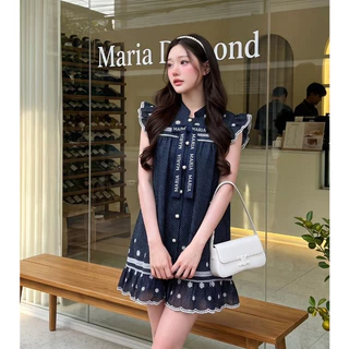 (มี3XL) Maria Diamond สีกรม Indigo Navy Dress เดรสทรงปล่อยกระดุมหน้าผ้าคอตตอนงานปัก โบว์หน้า แขนระบาย ปักเชิง มีซับใน