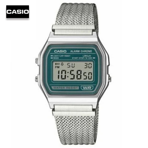 นาฬิกาข้อมือผู้ชายคาสิโอ Casio Digital สายสแตนเลสแบบถัก หน้าปัดสีเขียว รุ่น A158WEM-3DF, A158WEM-3, 