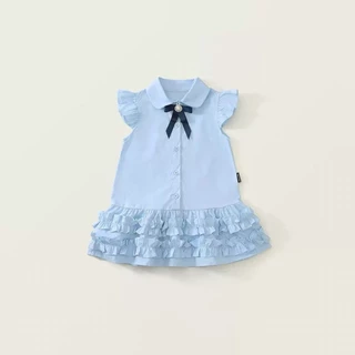 BB361 เดรสเด็กผู้หญิงสีฟ้า คอปกปีกระบายประดับโบว์ดำ ชั้นล่างลูกไม้หลายชั้น ผ้านุ่มเบา ของขวัญวันแม่ สำหรับเด็ก 1-10 ปี