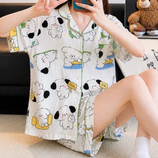 PJCชุดนอนผู้หญิง ชุดนอนผ้าไหมญี่ปุ่นBigsizeบิ๊กไซส์ อก52ขาสั้นแขนสั้นลายมินิมอล ผ้านุ่มผ้านิ่ม ระบายอากาศดี