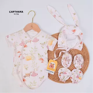Capyhana ชุดSet 4 ชิ้นบอดี้สูท หมวกกระต่าย ถุงมือ ถุงเท้า ชุดเด็กแรกเกิด (เซทหมวกกระต่าย )