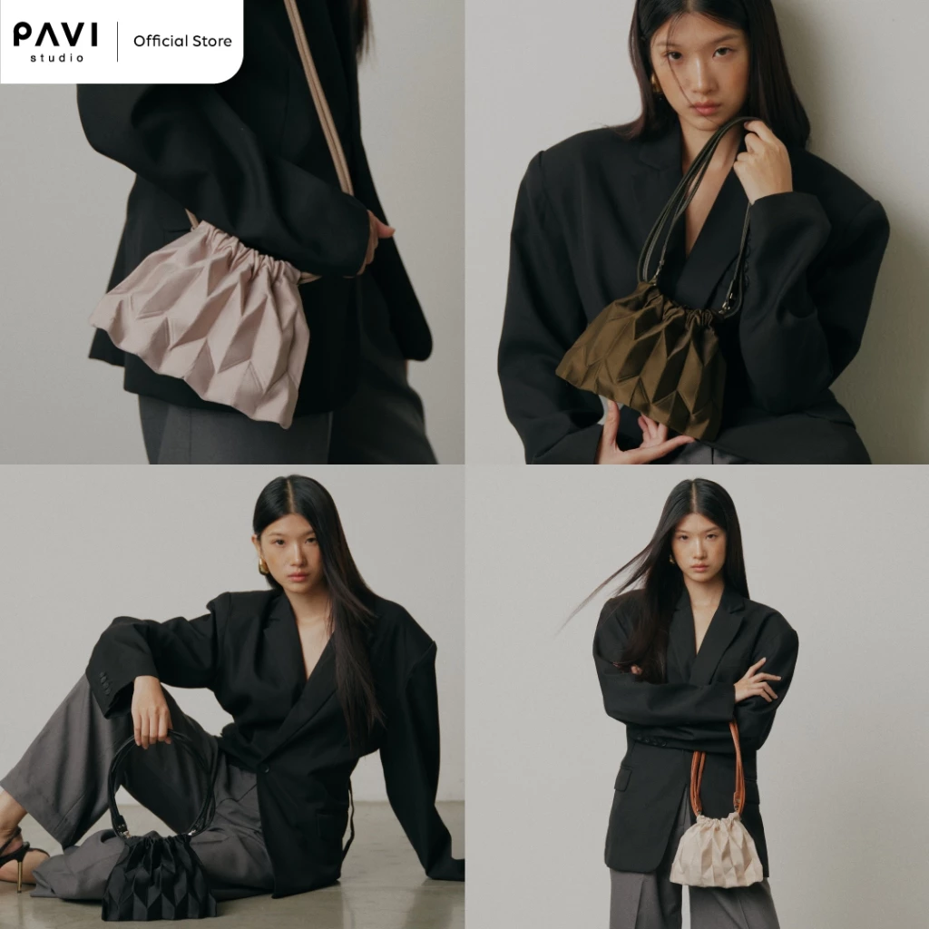 Pavi Studio - W Mini Pull กระเป๋าผ้าอัดพลีทลาย W สายหนังแท้ มี 4 สี