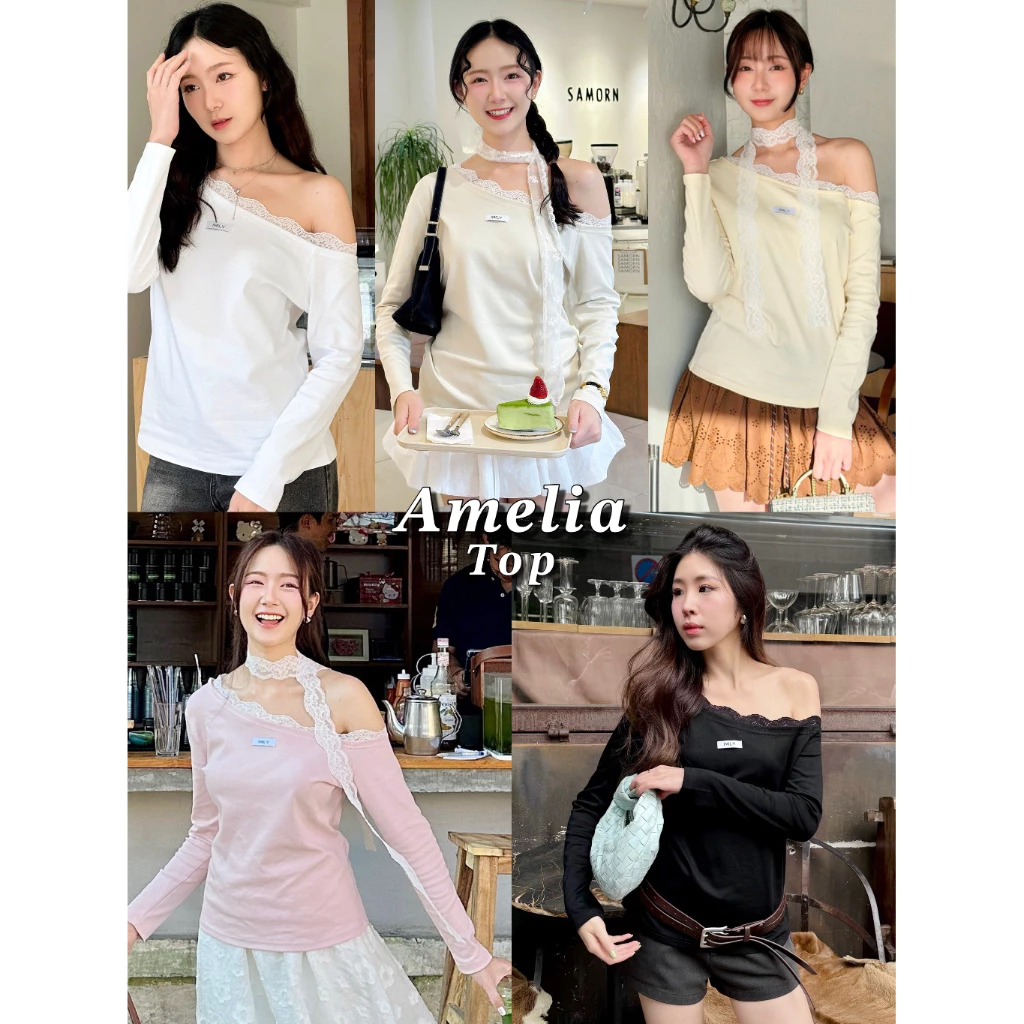 imily.style : Amelia Top เสื้อปาดไหล่ 📌เสื้อทุกสีแถมลูกไม้ผ้าพันคอลายเดียวกับลูกไม้เสื้อ