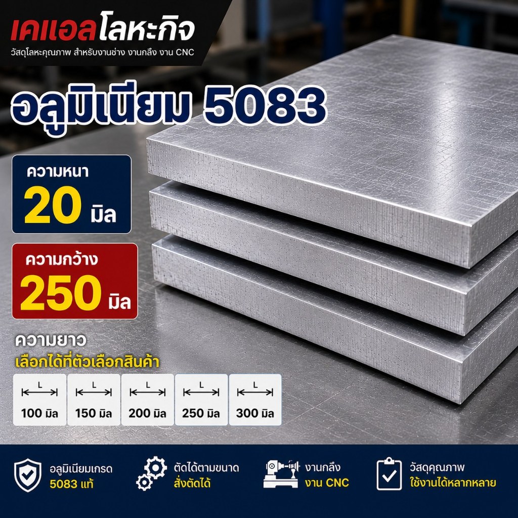 แผ่นอลูมิเนียม 5083 หนา 20 มม. กว้าง 250 มม. AL5083 เลือกความยาวได้