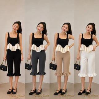 PW600 TARA Short pants กางเกง 4 ส่วน เอวสูง ทรง Biker ปลายขาแต่งระบาย เอวยางยืด มีขอบเอว เนื้อผ้าวูลเวฟ ผ้ายืด ใส่สบาย