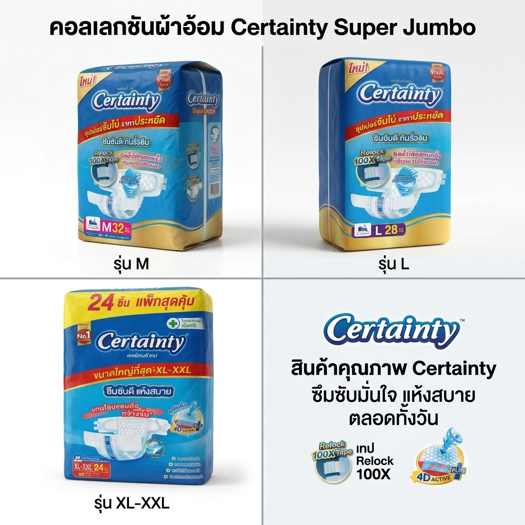 [แพ็คใหญ่ พร้อมส่ง] Certainty เซอร์เทนตี้ ไซด์ L M XL-XXL ผ้าอ้อมผู้ใหญ่ แบบเทป