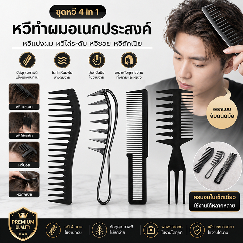 ชุดหวีทำผม 4 ชิ้น หวีช่างทำผม หวีแบ่งช่อ หวีซี่ห่าง หวีซี่ถี่ หวีไฮไลท์ หวีแสกผม หวีจัดแต่งทรง หวีตัดผม อุปกรณ์ร้านเสริม