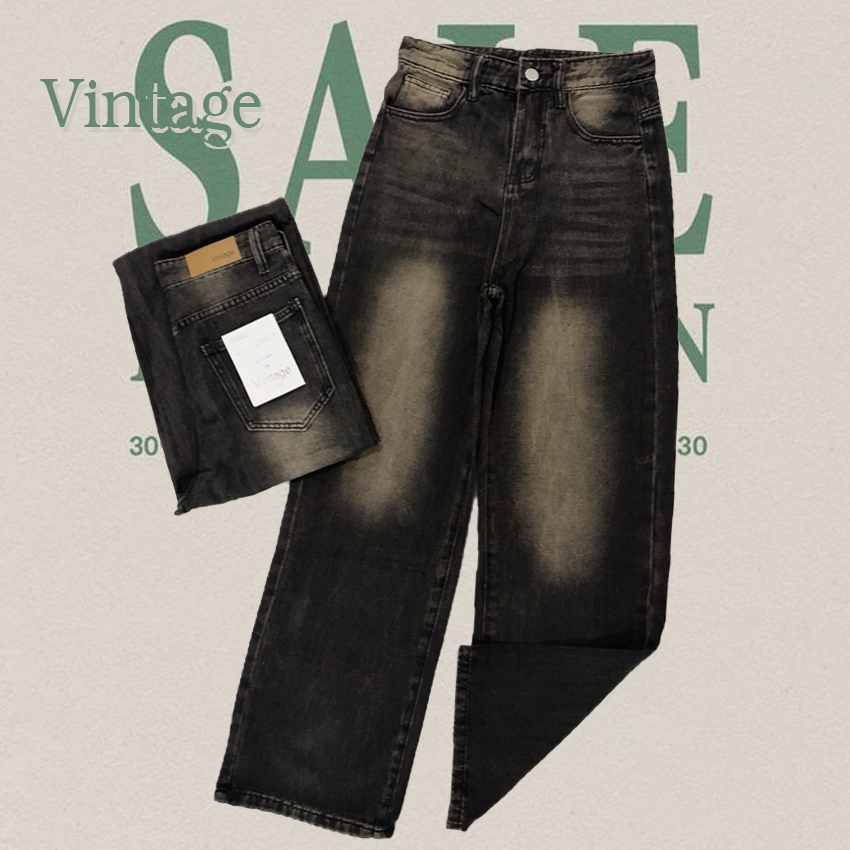 Vintage รุ่น 6118 กางเกงยีนส์ เบสิก ดำ เฟดสนิม ทรงกระบอก แต่งเฟดขา ทรงสวยผ้าไม่ยืด