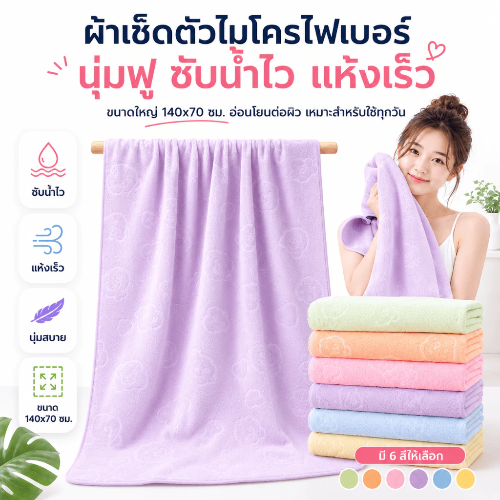 YJQ-01【200กรัม】ขนาด 140x70 ซม. ผ้าเช็ดตัวนาโน ผ้าขนหนู สีพื้น ปั้มลาย ไม่บาง ใช้ได้ทั้งเด็กและผู้ใหญ่