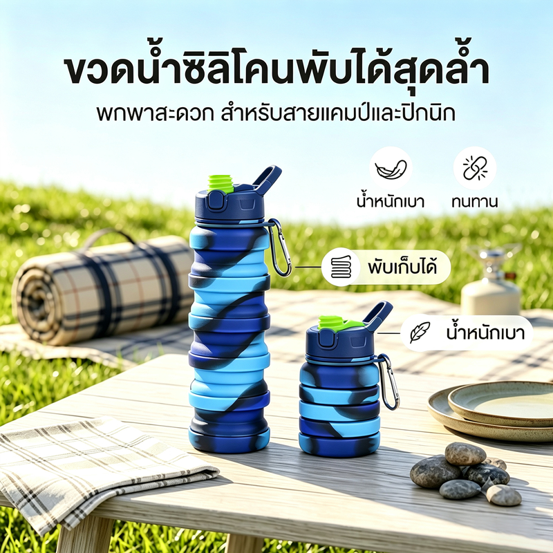 【ส่งเร็ว】ขวดน้ำพับได้ Food Grade กระบอกน้ำซิลิโคนพกพา 500ml ขวดน้ำกีฬา มีหลอดดูด พกพาง่าย ลายพรางไล่สี ปลอดภัย เดินป่า