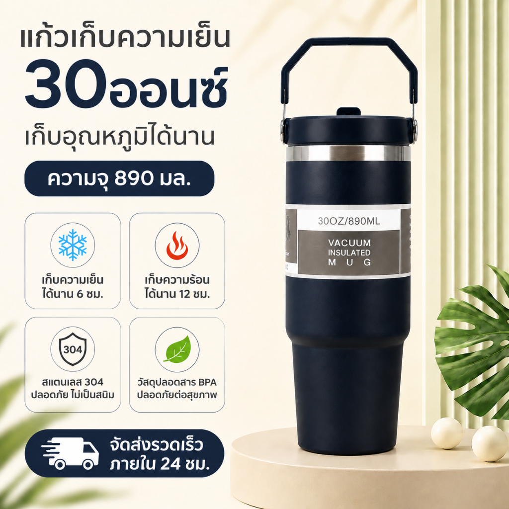 ซื้อ 1 แถม 1 แก้วเก็บอุณหภูมิ 900ml Stainless Steel 304 Vacuum Mug แก้วเก็บความเย็น เก็บความร้อน พร้อมหูจับ พกพาง่าย