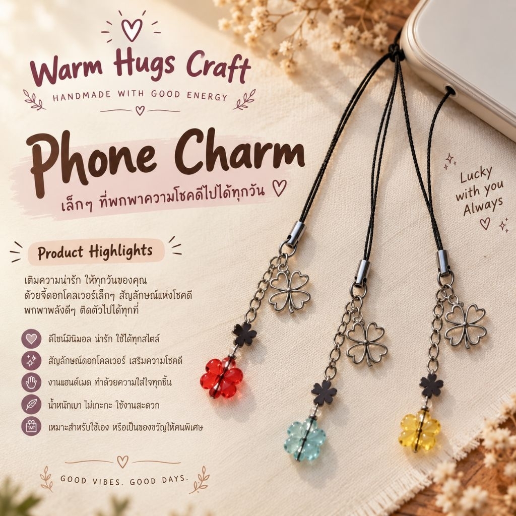 Phone charm >> CLOVER ที่ห้อยมือถือ ที่ห้อยโทรศัพท์ พวงกุญแจ | เครื่องราง โคลเวอร์ ดอกไม้ | ของขวัญปัจฉิม handmade