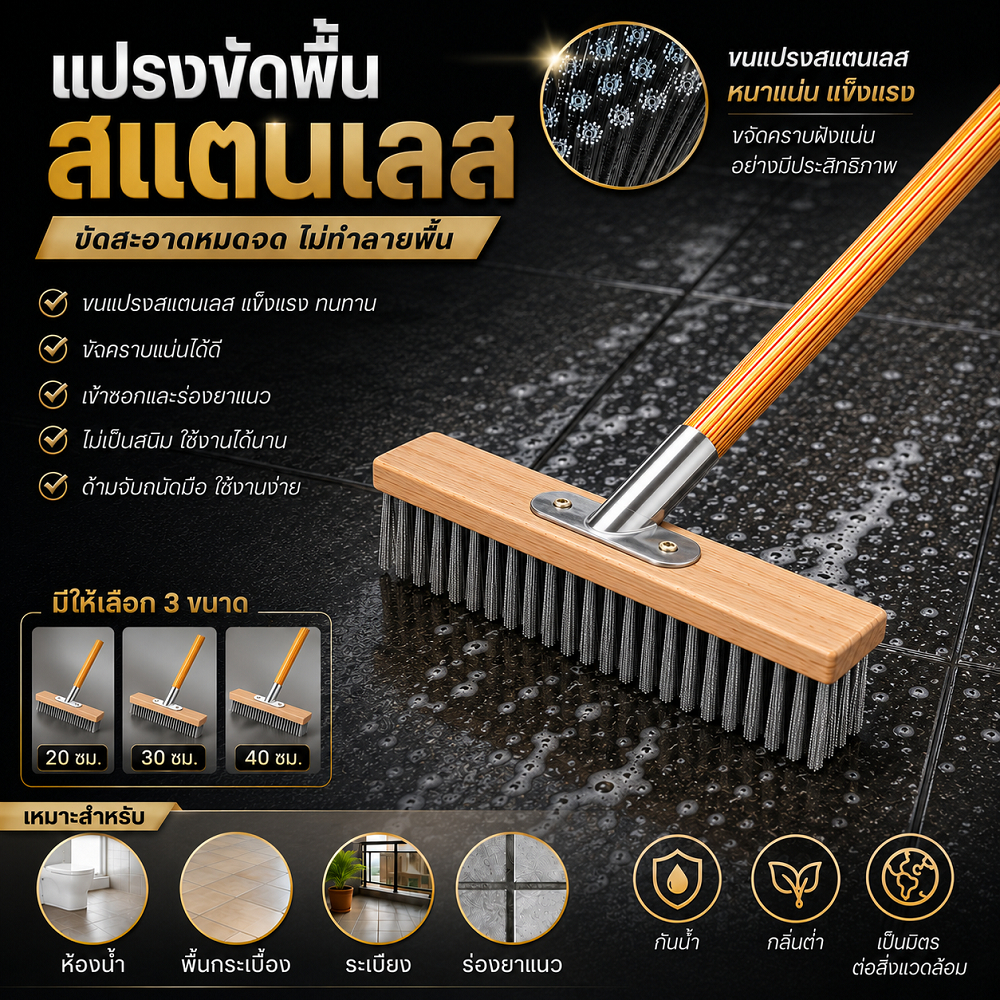แปรงลวดสเตนเลส 40/30/20cm แปรงพื้นสแตนเลสด้ามยาว ไม่มีโค้ง แข็งแรงทนทาน ใช้ได้ทั้งเปียกและแห้ง สำหรับพื้นในร่มและกลางแจ้