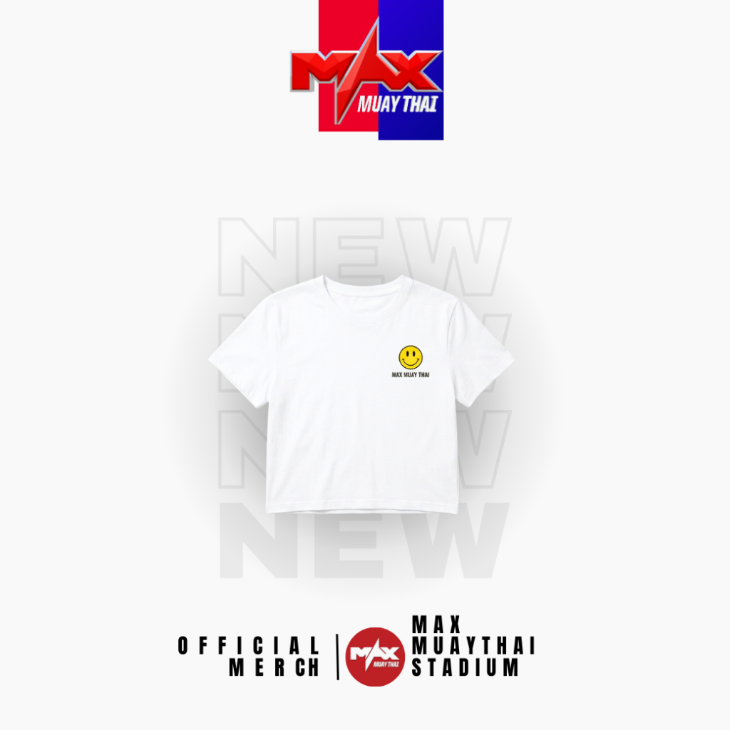 เสื้อครอปมวยไทย MAX MUAY THAI เสื้อเอวลอยสีขาวลายหน้ายิ้มSmileyลิขสิทธิ์แท้Official Merchสไตล์สตรีทแ