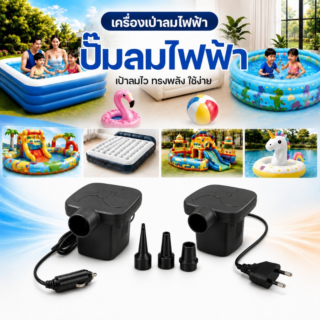 พร้อมส่ง Kidlandy Toy ปั๊มลมไฟฟ้า สูบลม–ดูดลม พร้อมหัวต่อ 3 ขนาด สำหรับสระเป่าลม ที่นอนลม โซฟาลม