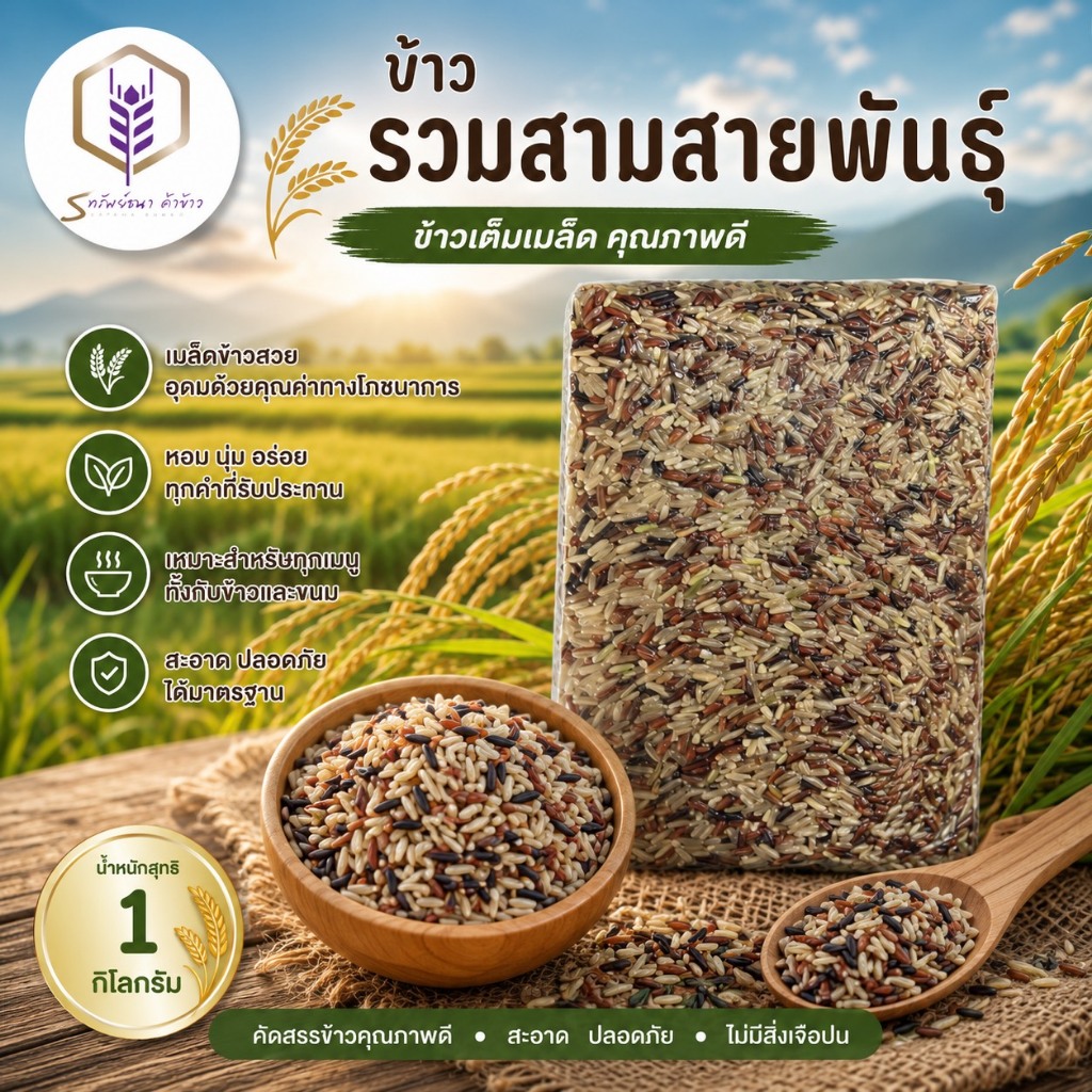 ข้าวรวมสามสายพันธุ์ แพคสุญญากาศ 1 กิโลกรัม ตราทรัพย์ธนา