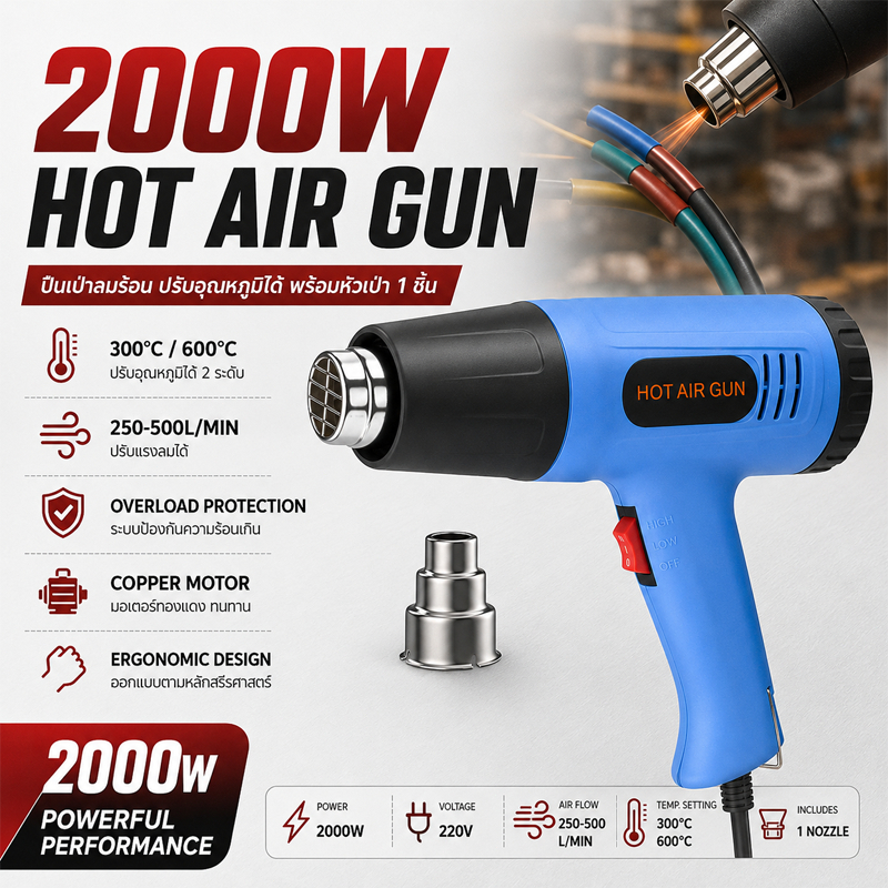 2000W ปืนลมร้อน เป่าลมร้อน อุณหภูมิสูง600°C พลาสติกอ่อนตัว ปืนความร้อน ฟิล์มหดบรรจุภัณฑ์ อเนกประสงค์