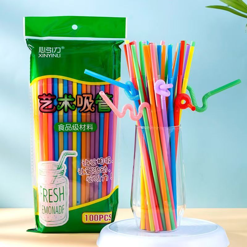หลอดงอได้ หลอดดูดน้ำพลาสติกยาวพิเศษ 33cm ดัดรูปทรงได้ตามใจชอบ หลอดแฟนซีสำหรับปาร์ตี้ คาเฟ่ (100ชิ้น)