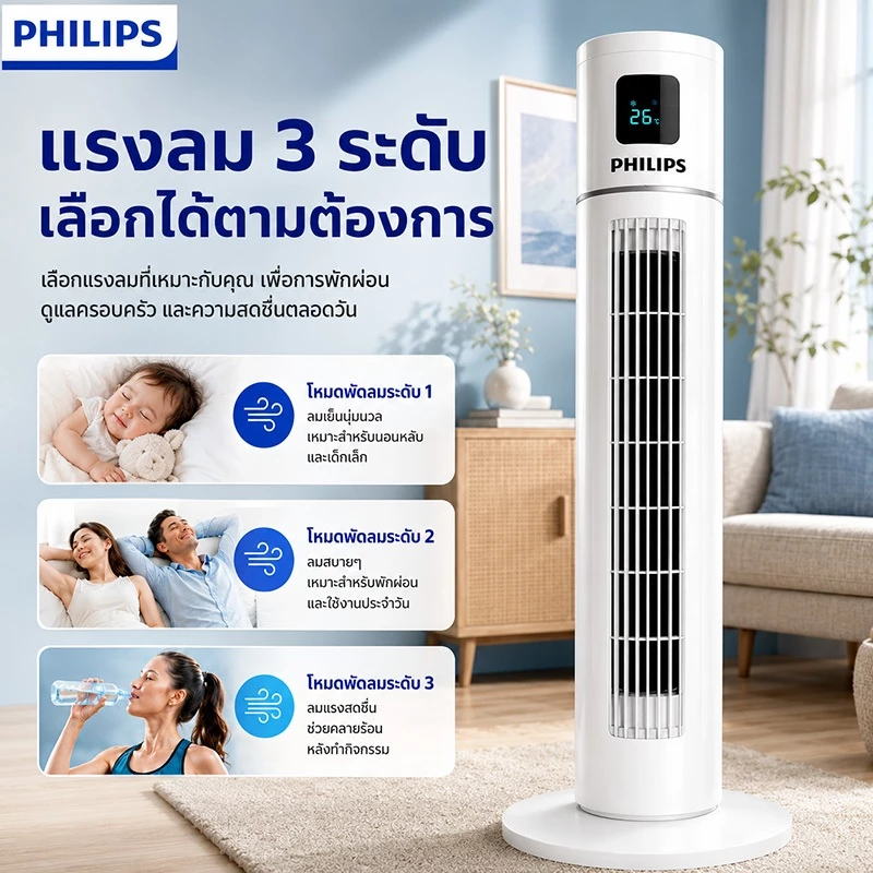 พัดลมทาวเวอร์ Smart Tower Fan ลม 3 ระดับ จอ LED บอกอุณหภูมิอัจฉริยะ เย็นต่อเนื่อง ไอเทมที่ต้องมีหน้าร้อน