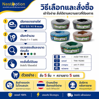 THAI YAZAKI สายไฟ THW IEC01 มอก.แท้ ขนาด 1.5/2.5/ 4 / 6 ตร.มม. แบ่งขาย 1 เมตร สายไฟไทยยาซากิ