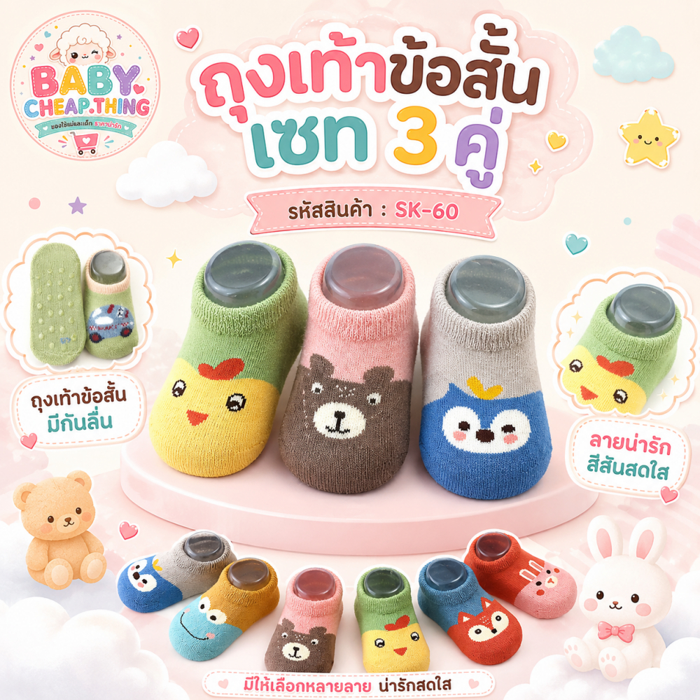 ถุงเท้าเด็ก (Sk60) - ถุงเท้าเด็กข้อสั้น เซท 3 คู่