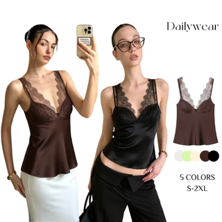 Dailywear พร้อมส่ง ✨เสื้อกล้ามไร้แขนสตรี ผ้าซาตินคอวี ต่อตัวลูกไม้ ดีไซน์เฉพาะตัว เหมาะสวมใส่ภายนอก