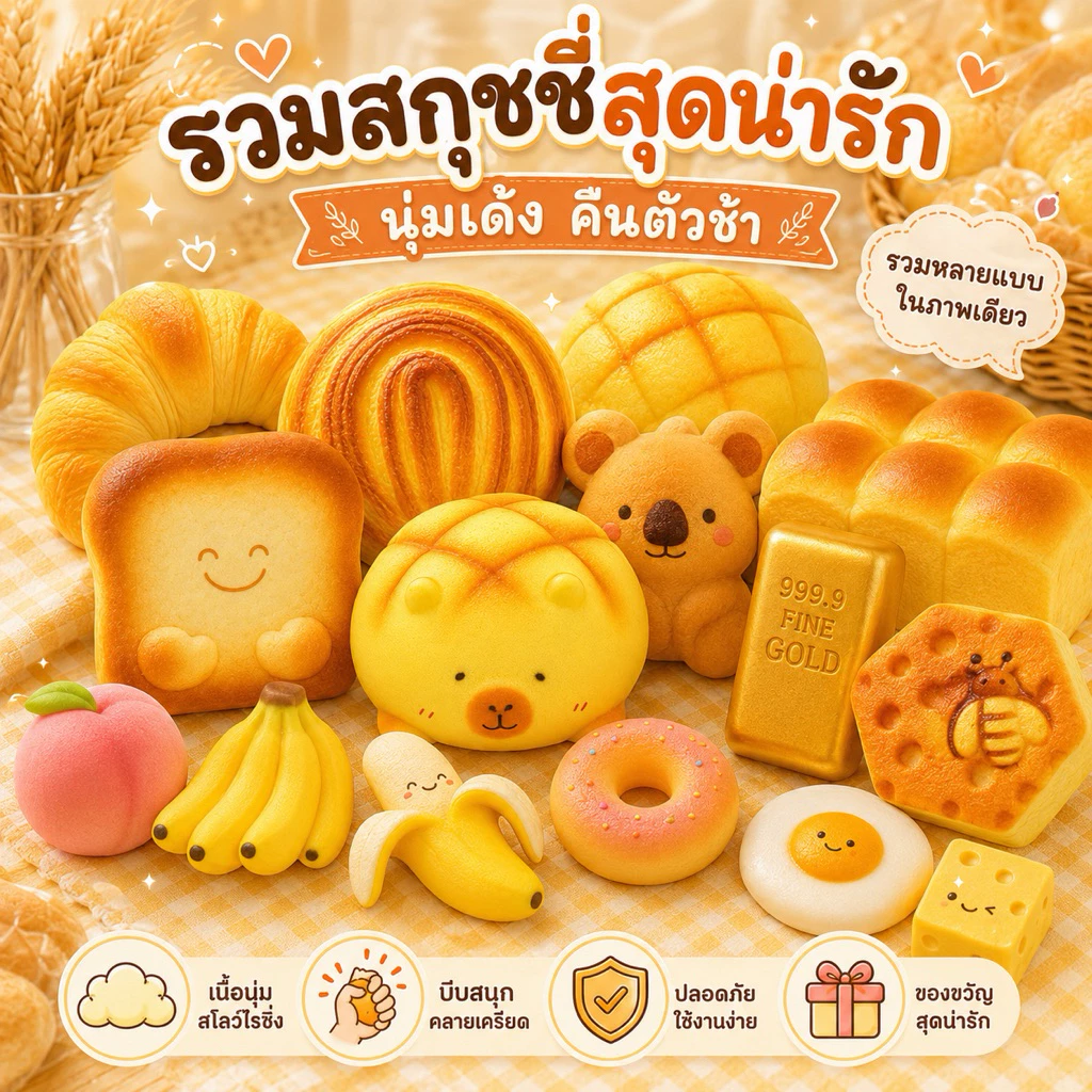 สกุชชี่ Squishy ของเล่นบีบคลายเครียด สโลว์ไรซิ่ง คืนตัวช้า เนื้อนุ่มนิ่ม ลายขนมปัง อาหาร ผลไม้ คละแบบ ของเล่นเด็ก