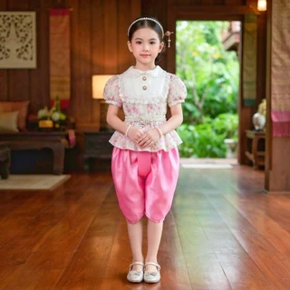 ชุดไทยเด็ก รุ่นโจงกระเบน+เสื้อแขนตุ๊กตาลายดอกไม้ ***ไม่รวมเครื่องประดับ***