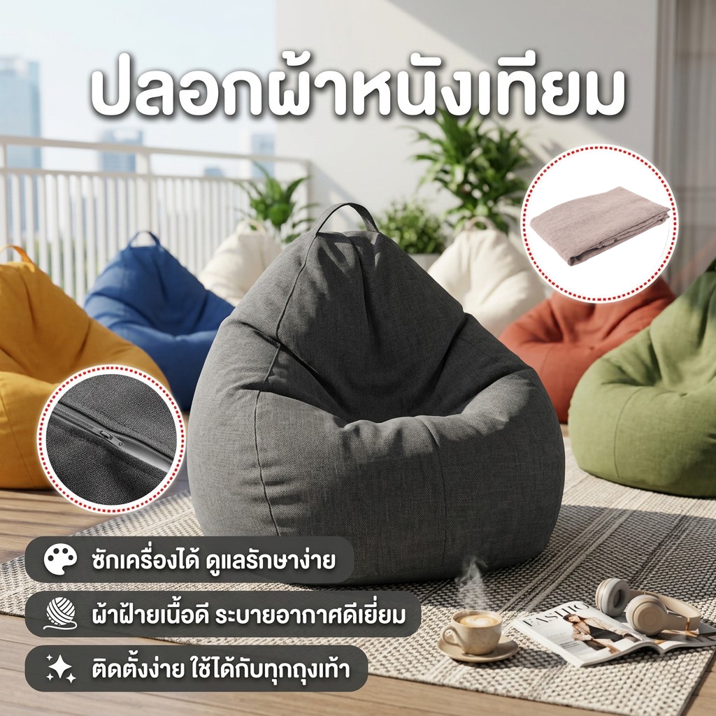 ปลอกโซฟาถุงนั่งเล่นเบนแบ็ก | ขนาดใหญ่ นุ่มสบาย | ใช้ในร่มและกลางแจ้งได้ | ไม่มีไส้ (เติมไส้เอง) | สำหรับทุกคนในครอบครัว