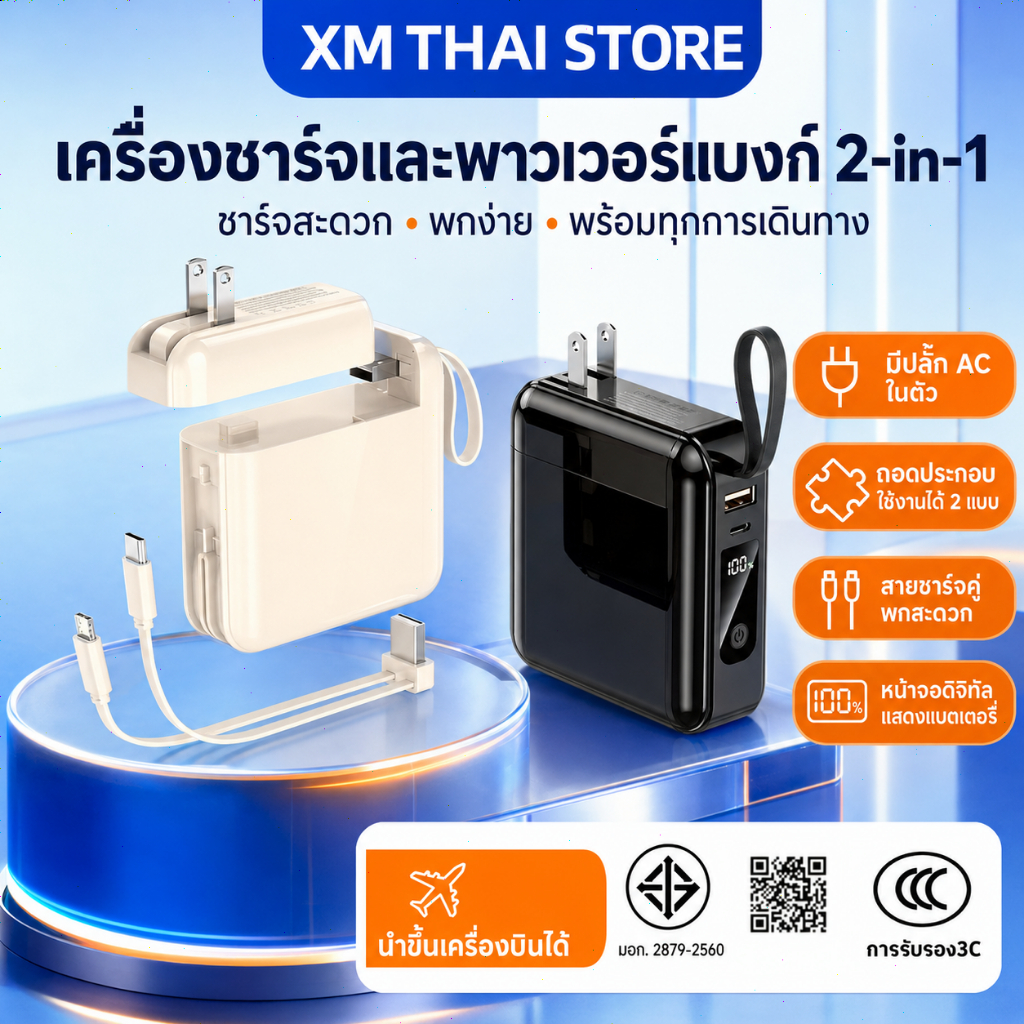 พาวเวอร์แบงค์ 20000mAh ปลั๊กผนังในตัว/ถอดได้ ชาร์จเร็ว Type‑C 22.5W มีสายในตัว Lightning+Type‑C ชาร์จได้ 4 เครื่อง