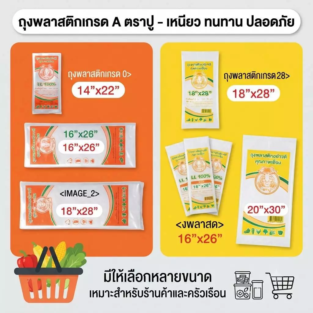 [ยกมัด10แพ็ค]ถุง LL ตราปู (แบบเจาะ / ไม่เจาะ) ไซส์ใหญ่พิเศษ ถุงใสไฮโซ เนื้อเหนียวนุ่ม ไม่ขาดง่าย 500กรัม