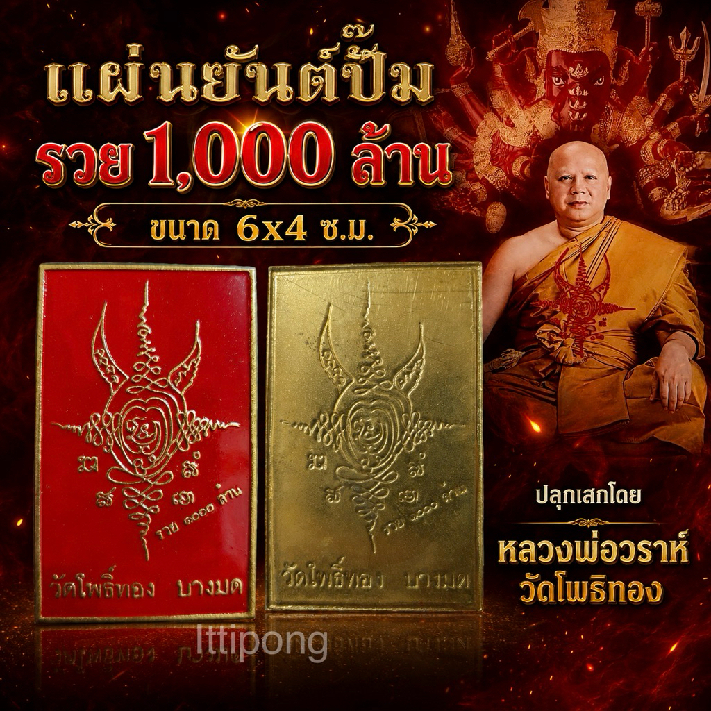 แผ่นยันต์ปั๊ม รวย 1,000 ล้าน หลวงพ่อวราห์ วัดโพธิทอง ขนาด 6X4 ซ.ม. มาพร้อมซองเดิม มีรูปหลวงพ่อ และคาถาบูชาพญาครุฑ
