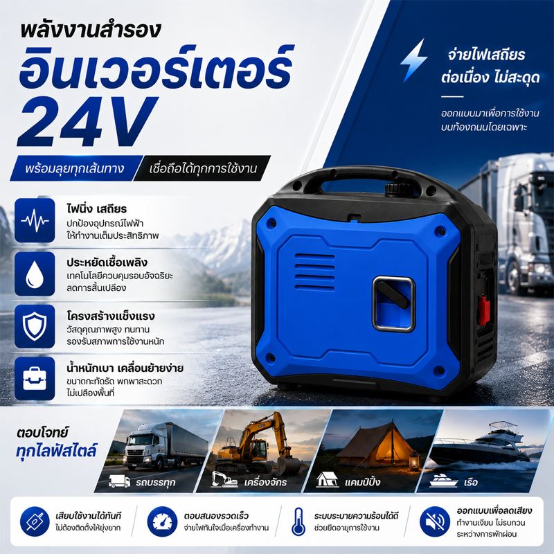 เครื่องปั่นไฟ 24V DC อินเวอร์เตอร์ สำหรับรถบรรทุก ใช้กับแอร์หลังคา ประหยัดน้ำมัน ไฟฟ้าเสถียร