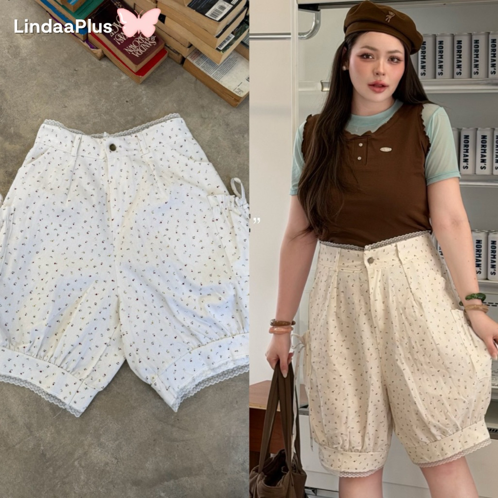 LindaaPlus-- 𝑩𝒍𝒐𝒐𝒎𝒆𝒓 𝑺𝒉𝒐𝒓𝒕𝒔 กางเกงขา5ส่วนทรงบอลลูนสาวอวบอ้วน ผ้ายีนส์พิมพ์ลายดอกไม้เล็กๆ แต่งลูกไม้เพิ่มความน่ารัก