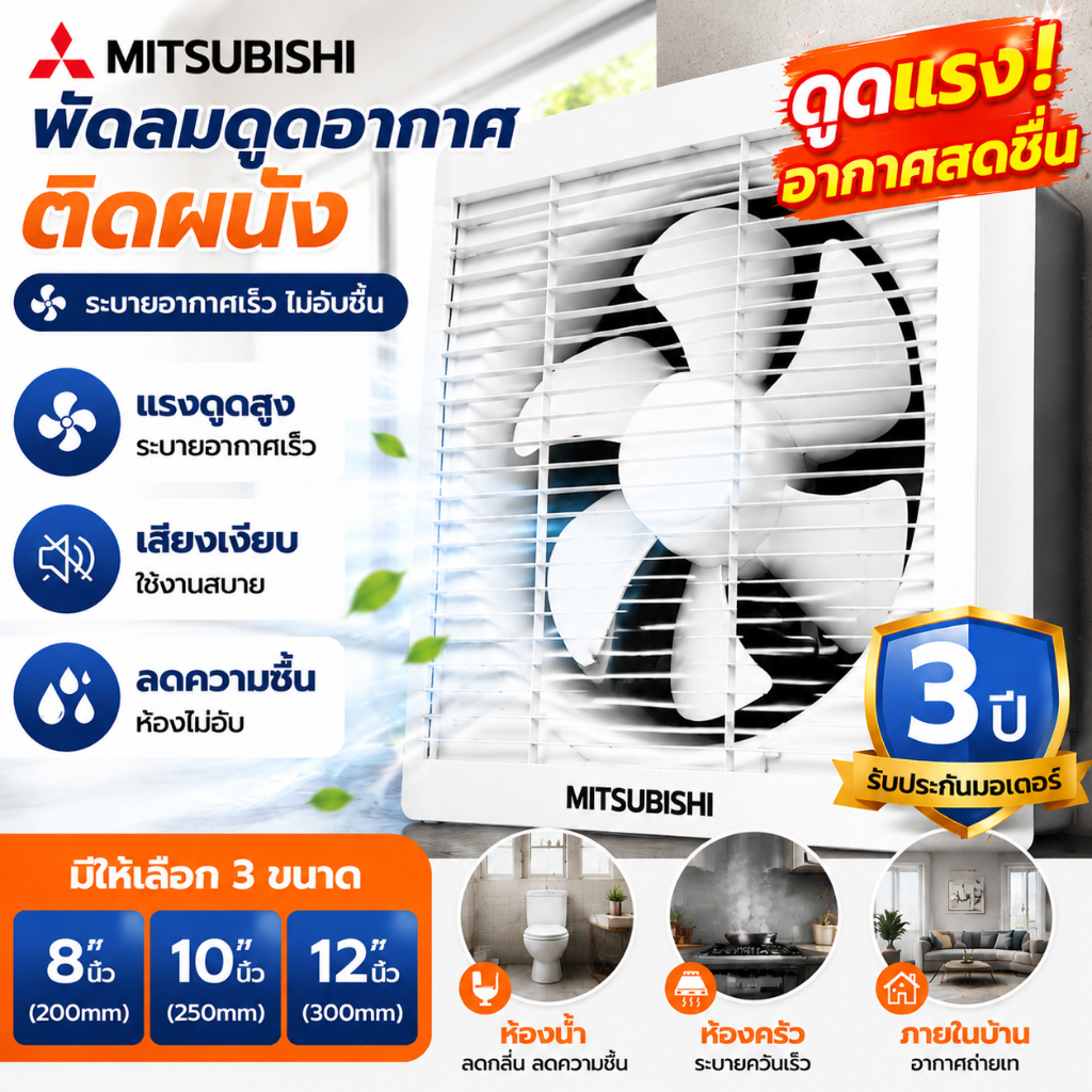 พัดลมติดผนัง พัดลมดูดอากาศ 8/10/12 นิ้ว ดูดแรง เงียบ ประหยัดไฟ ติดตั้งง่าย ลดกลิ่นอับและความชื้น รับประกัน 3ป